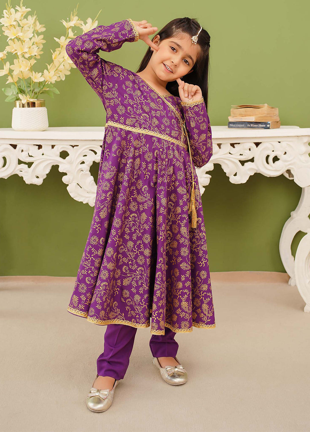 Modest Girls Pret Printed 3 Piece Linen Purple Suit D-08 - Festive Collection