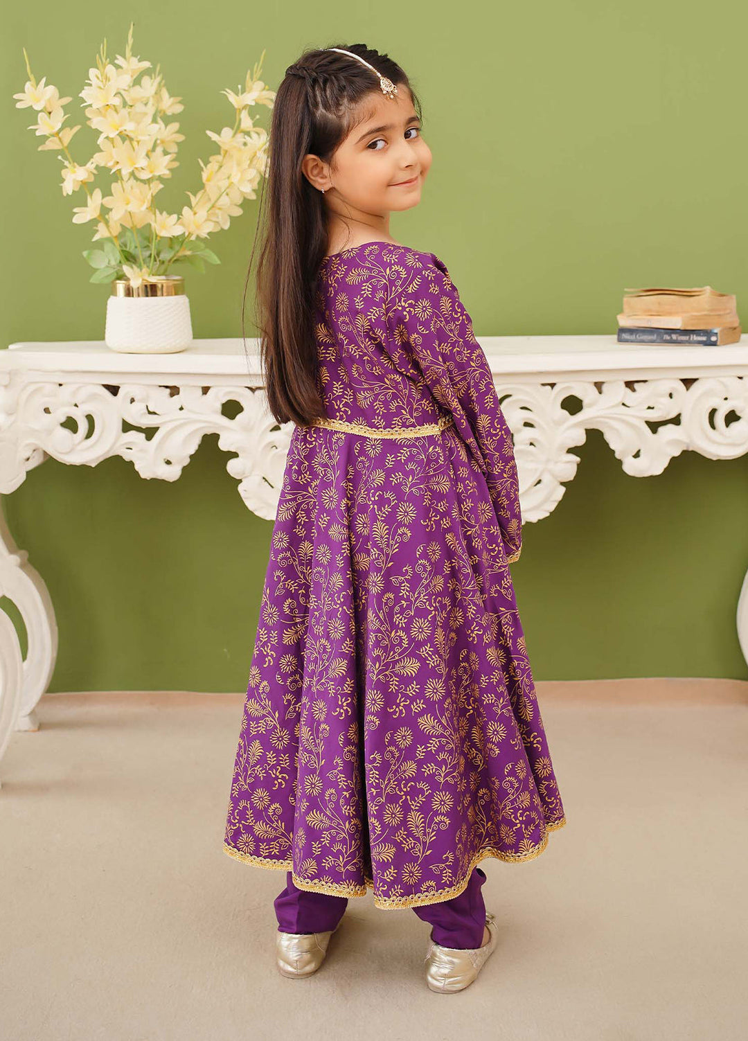 Modest Girls Pret Printed 3 Piece Linen Purple Suit D-08 - Festive Collection