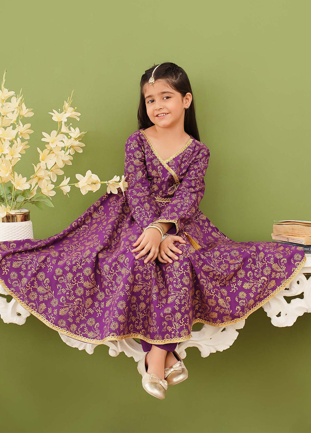 Modest Girls Pret Printed 3 Piece Linen Purple Suit D-08 - Festive Collection