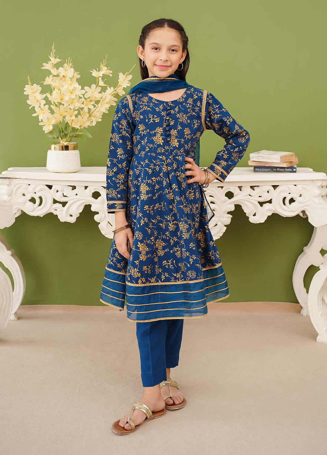 Modest Girls Pret Printed 3 Piece Linen Blue Suit D-06 - Festive Collection