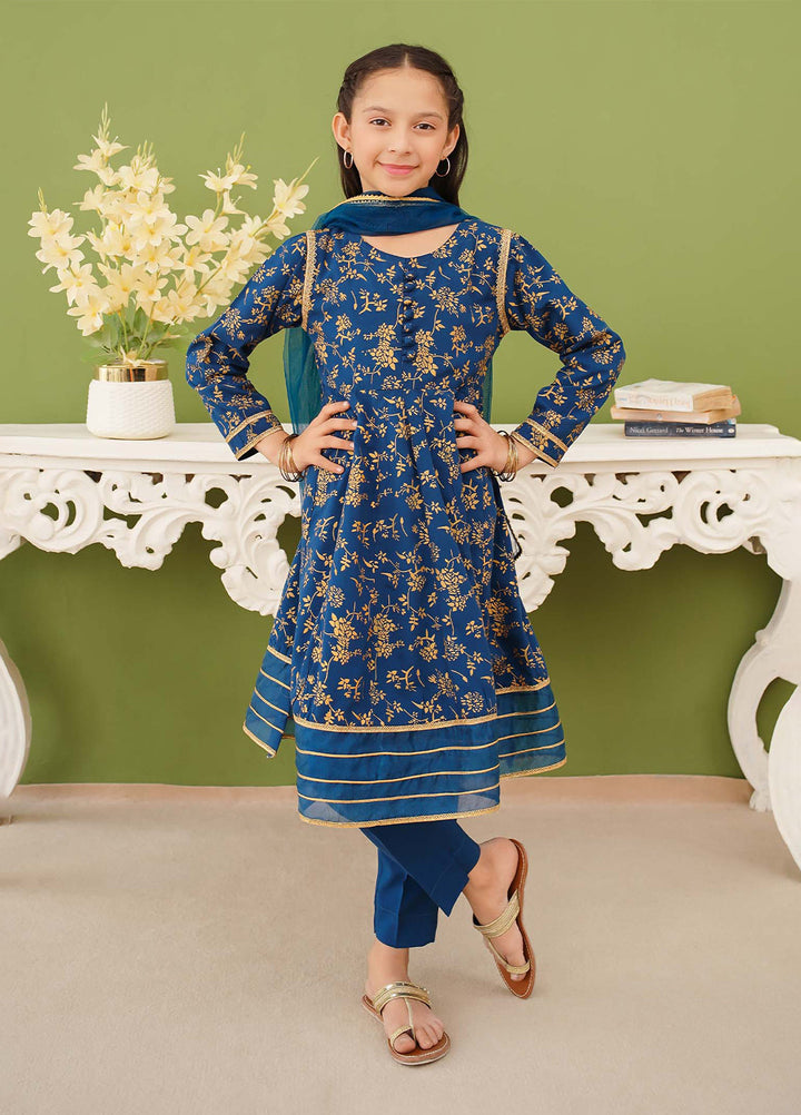 Modest Girls Pret Printed 3 Piece Linen Blue Suit D-06 - Festive Collection