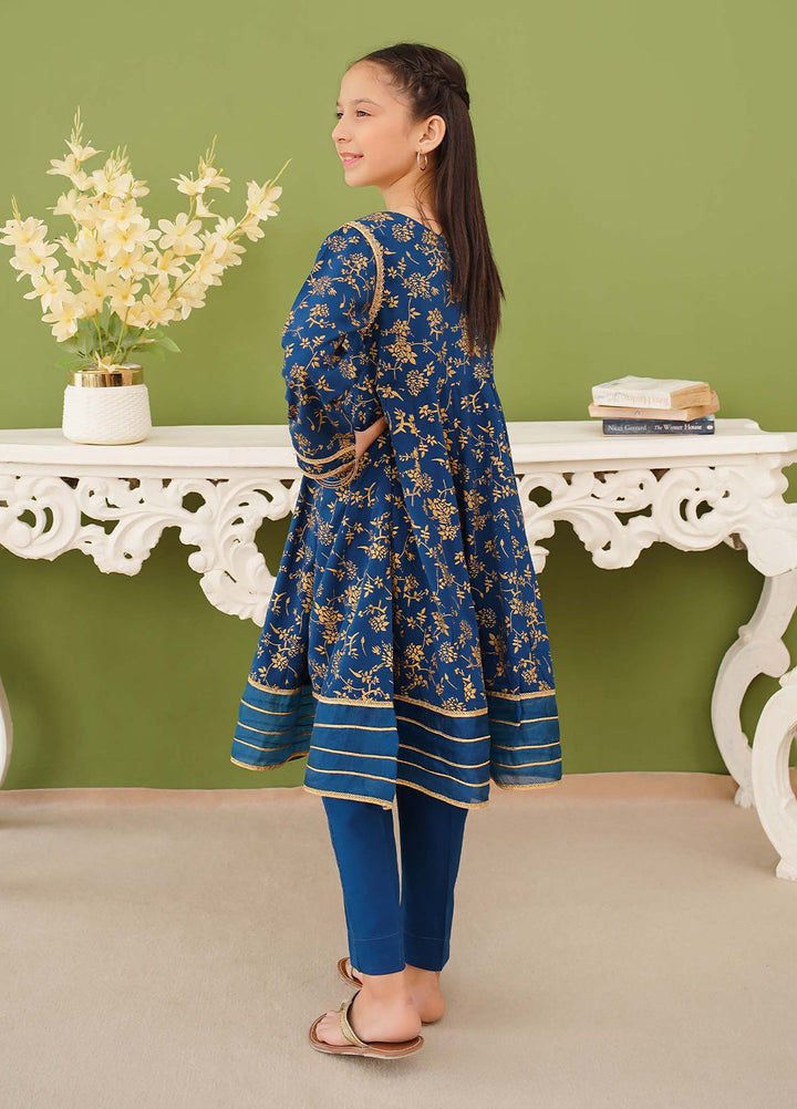 Modest Girls Pret Printed 3 Piece Linen Blue Suit D-06 - Festive Collection