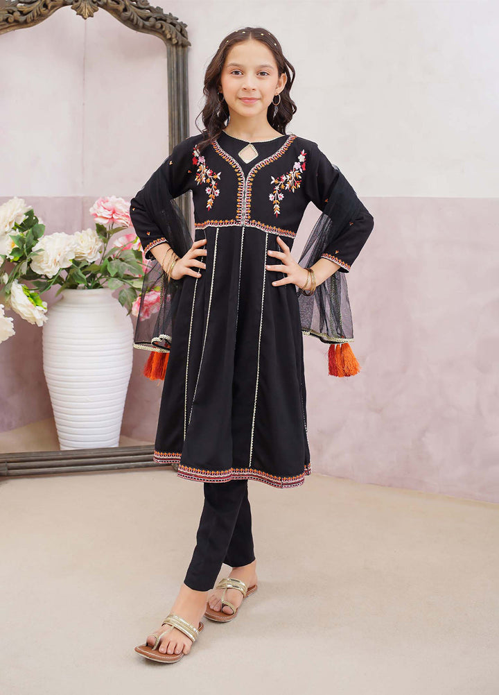 Modest Girls Pret Printed 3 Piece Linen Black Suit D-14 - Festive Collection