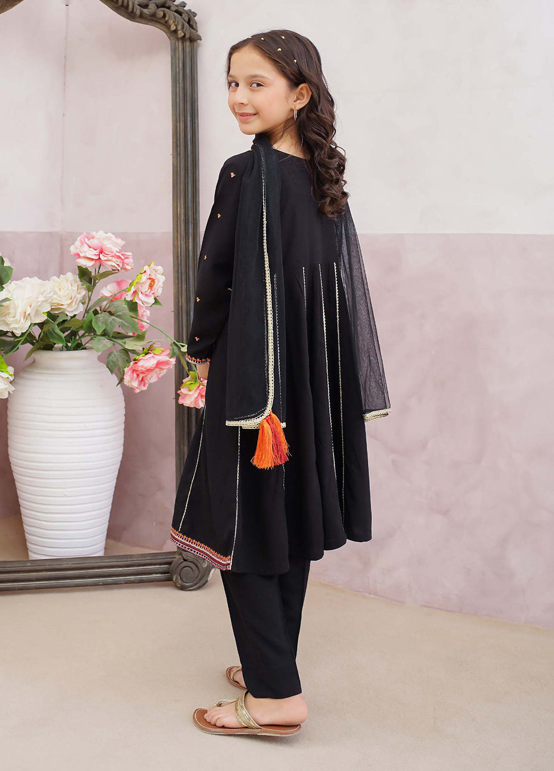 Modest Girls Pret Printed 3 Piece Linen Black Suit D-14 - Festive Collection