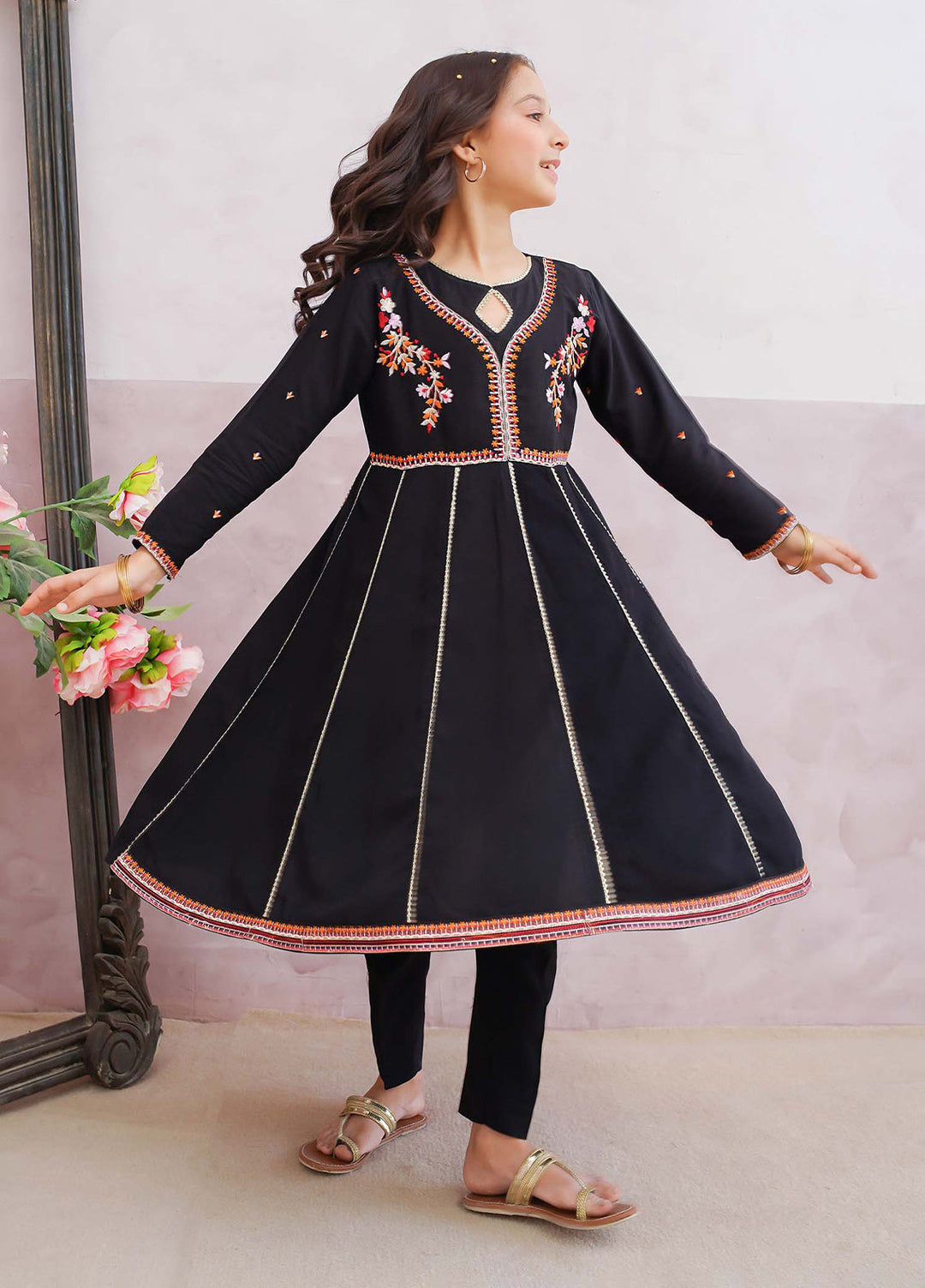 Modest Girls Pret Printed 3 Piece Linen Black Suit D-14 - Festive Collection
