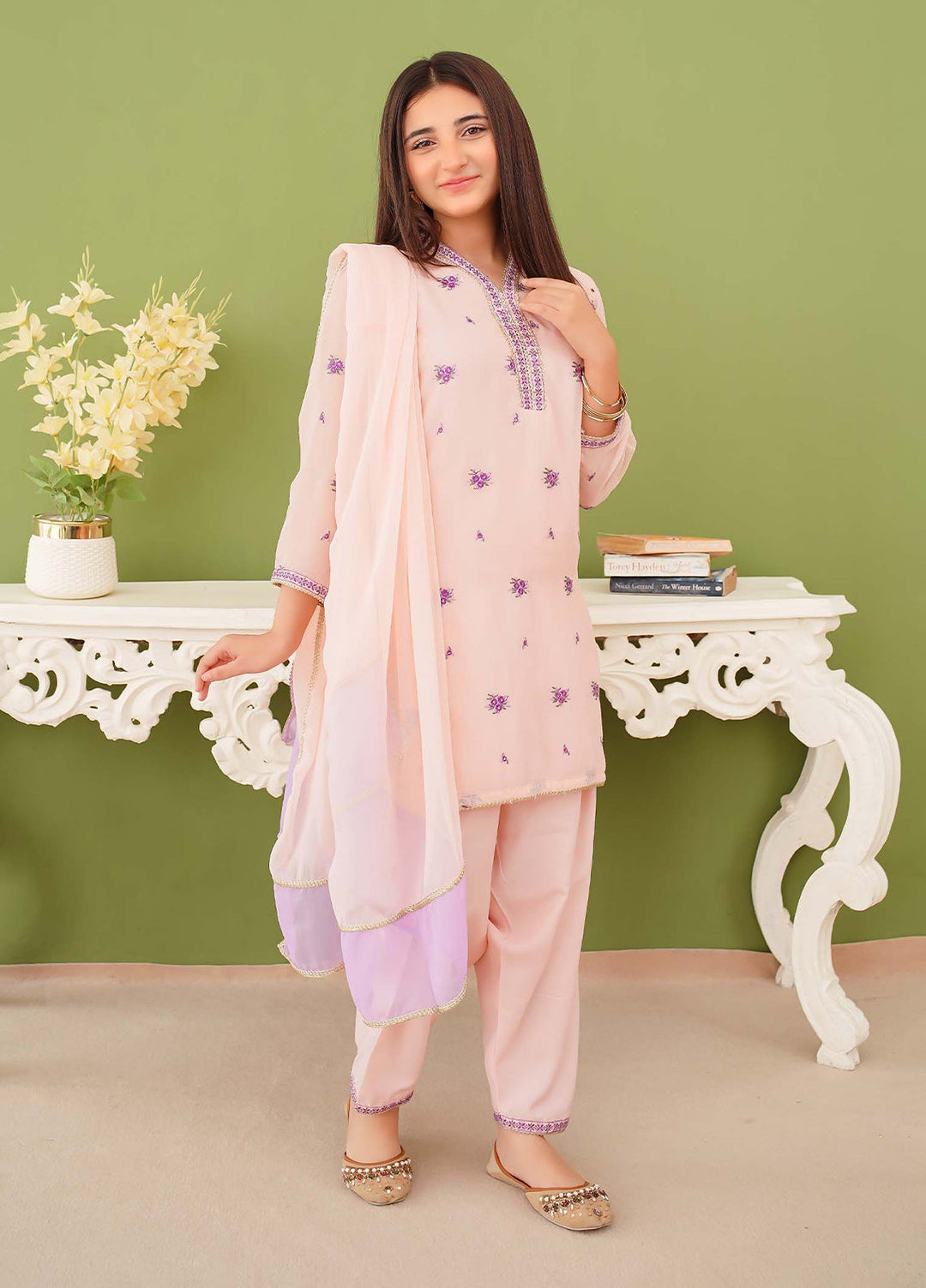 Modest Girls Pret Embroidered 3 Piece Chiffon Peach Suit D-15 - Festive Collection