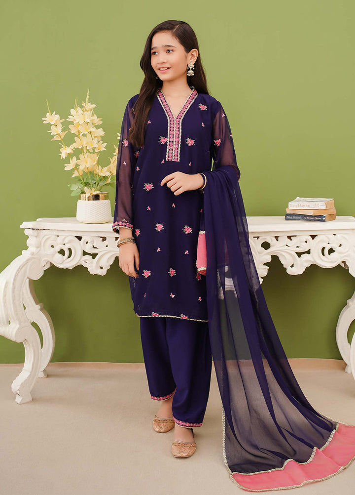 Modest Girls Pret Embroidered 3 Piece Chiffon Blue Suit D-05 - Festive Collection