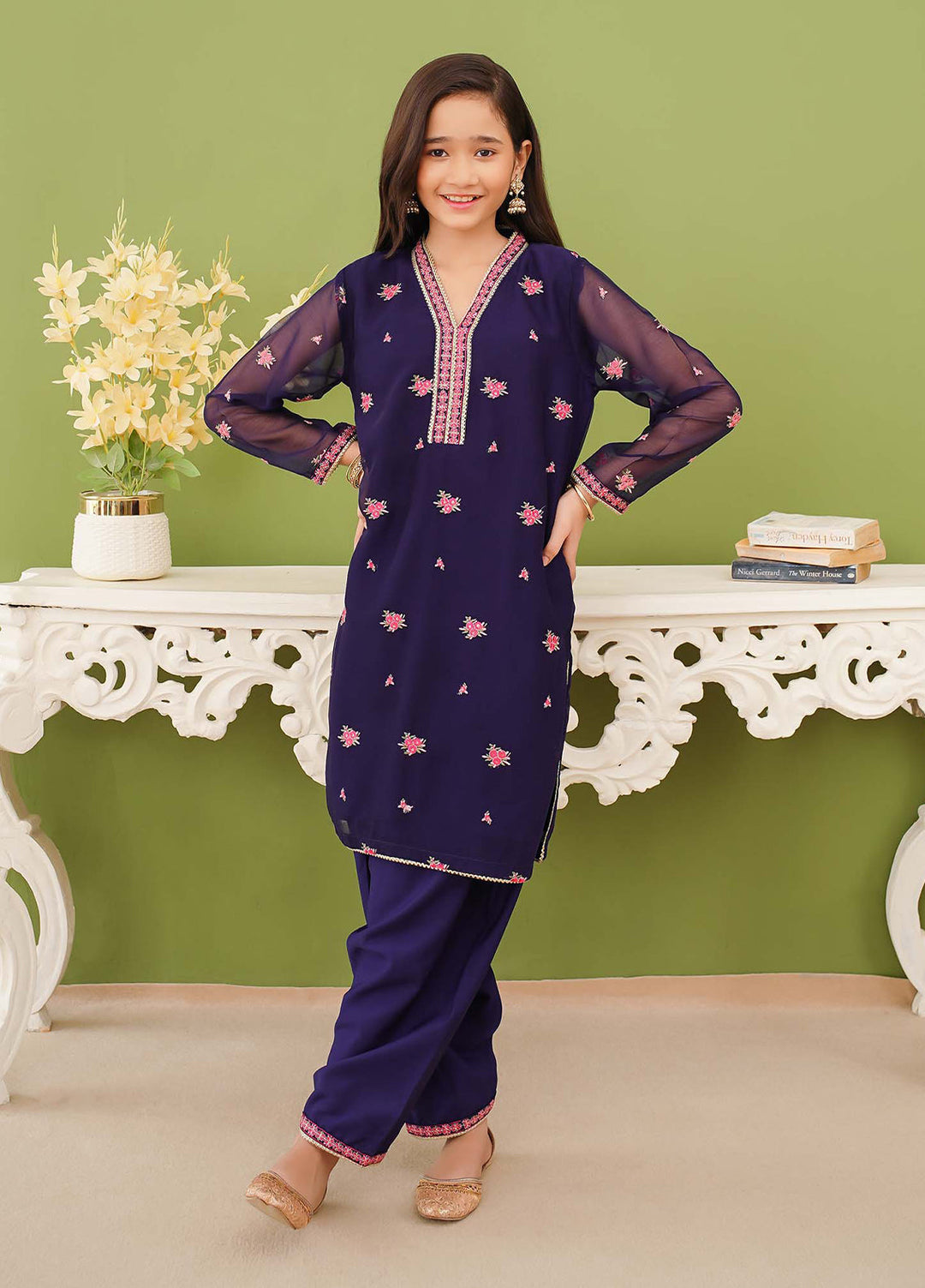 Modest Girls Pret Embroidered 3 Piece Chiffon Blue Suit D-05 - Festive Collection
