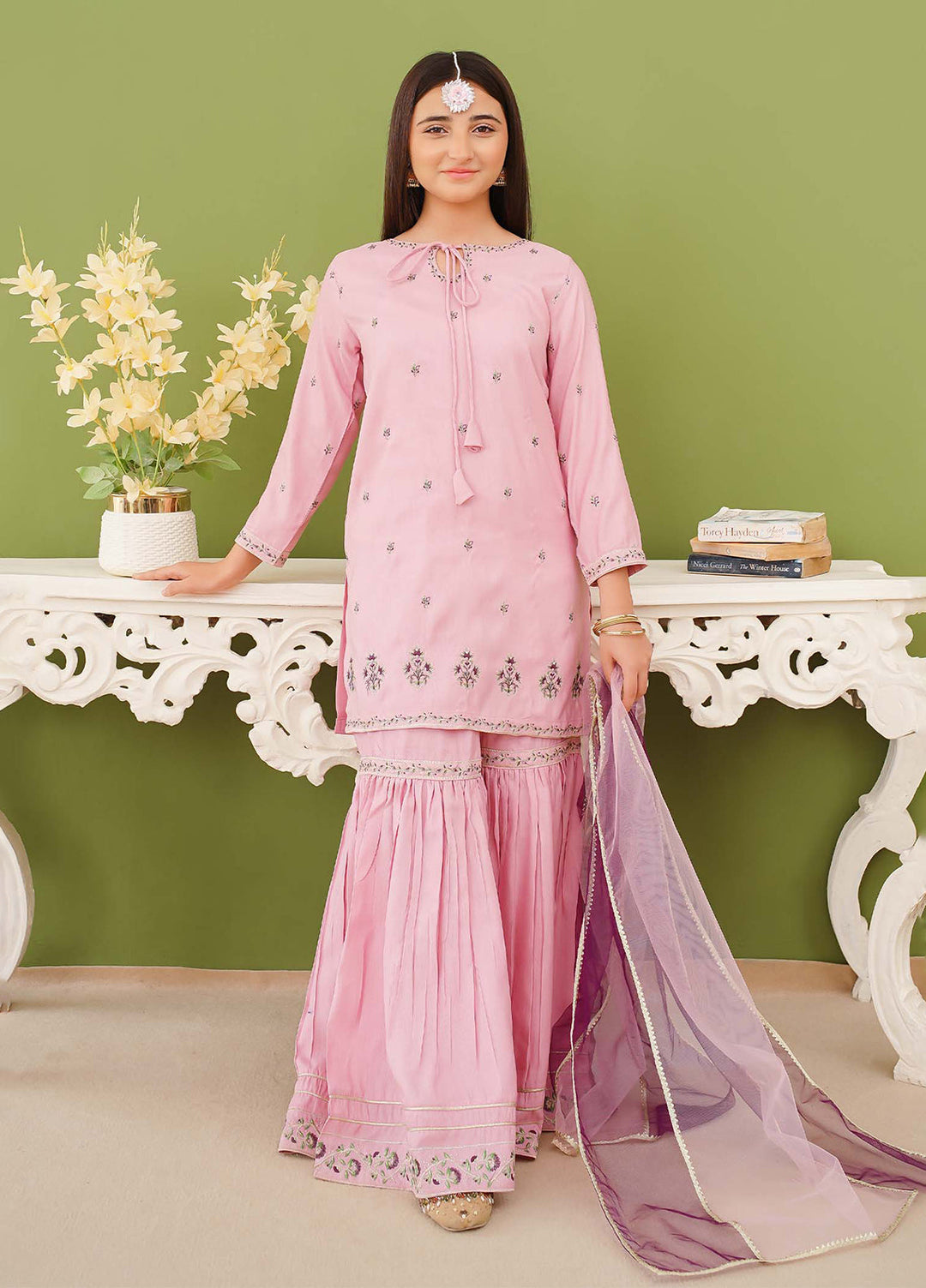 Modest Girls Pret Embroidered 3 Piece Raw Silk Pink Gharara D-01 - Festive Collection