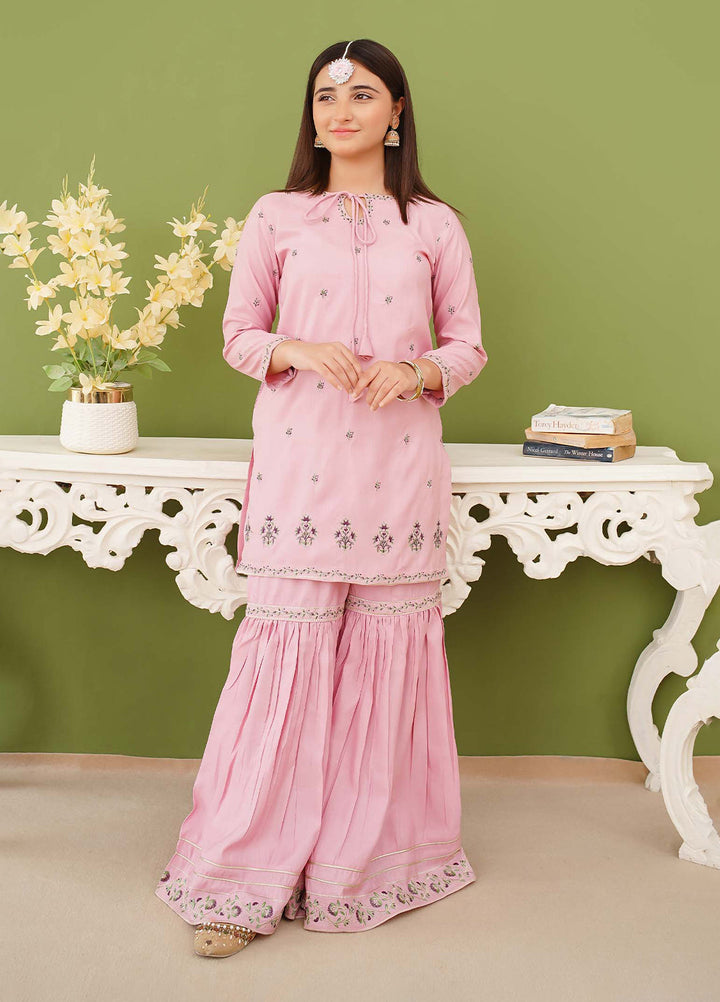 Modest Girls Pret Embroidered 3 Piece Raw Silk Pink Gharara D-01 - Festive Collection