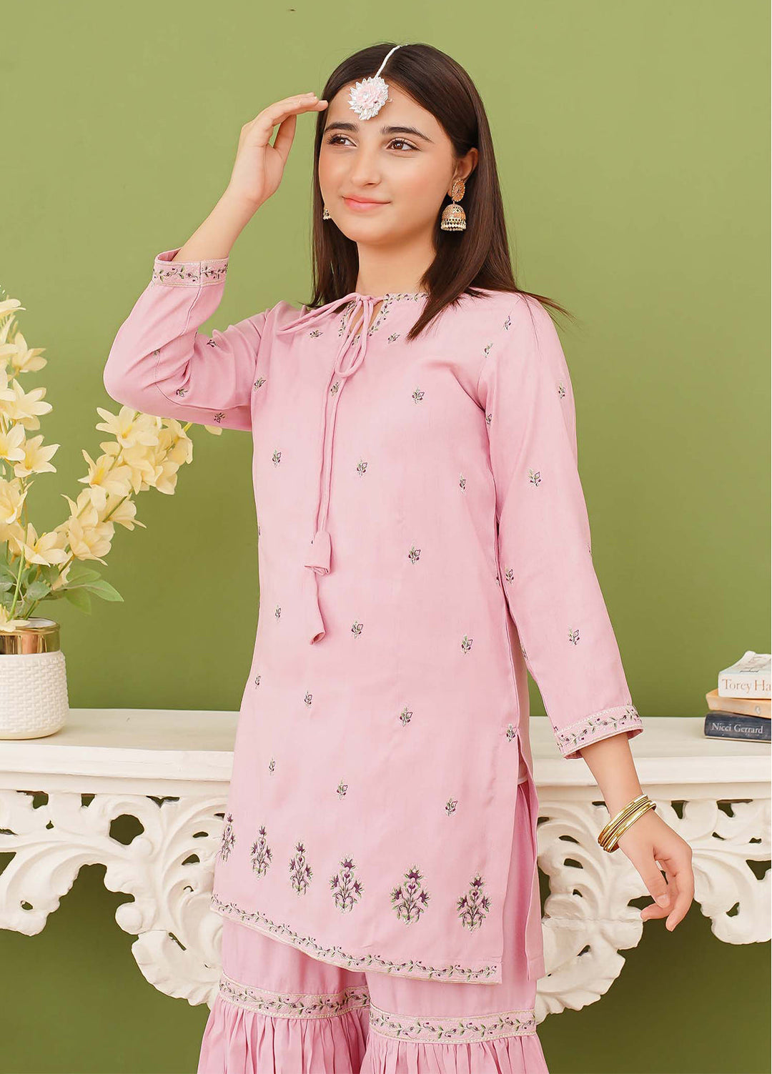 Modest Girls Pret Embroidered 3 Piece Raw Silk Pink Gharara D-01 - Festive Collection