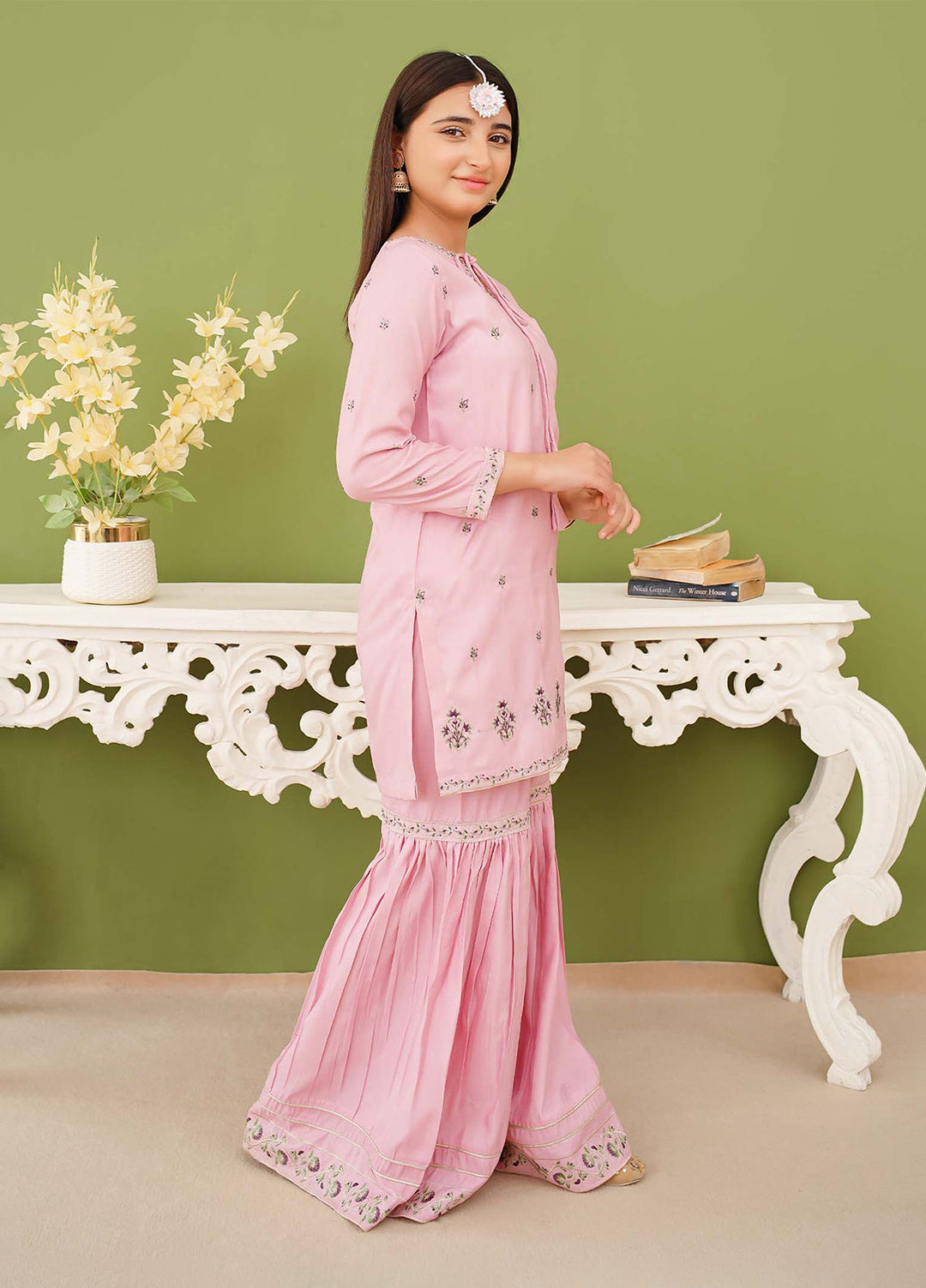 Modest Girls Pret Embroidered 3 Piece Raw Silk Pink Gharara D-01 - Festive Collection