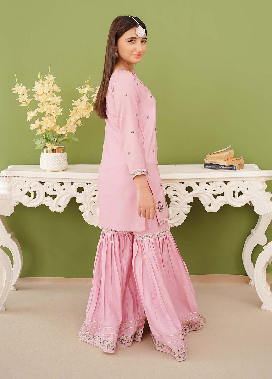 Modest Girls Pret Embroidered 3 Piece Raw Silk Pink Gharara D-01 - Festive Collection