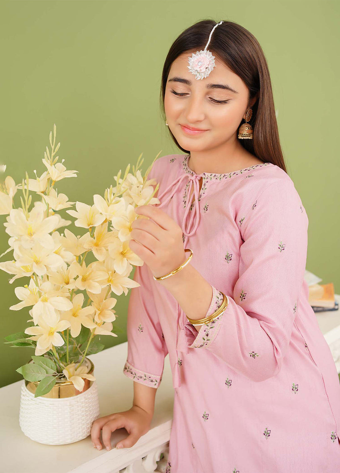 Modest Girls Pret Embroidered 3 Piece Raw Silk Pink Gharara D-01 - Festive Collection