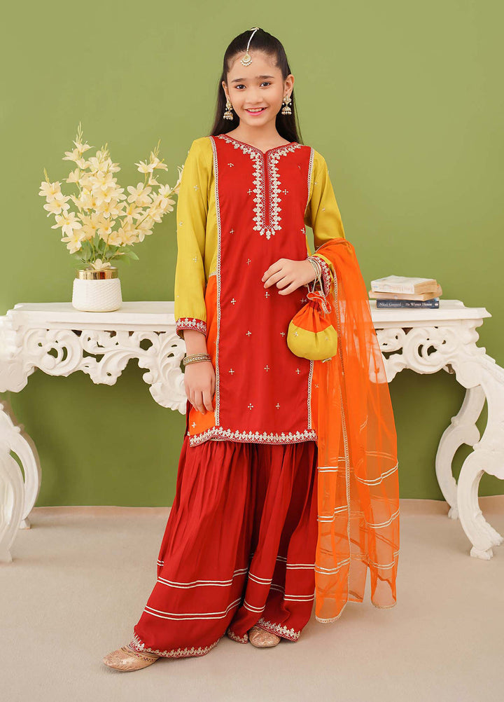 Modest Girls Pret Embroidered 3 Piece Raw Silk Orange Gharara D-02 - Festive Collection