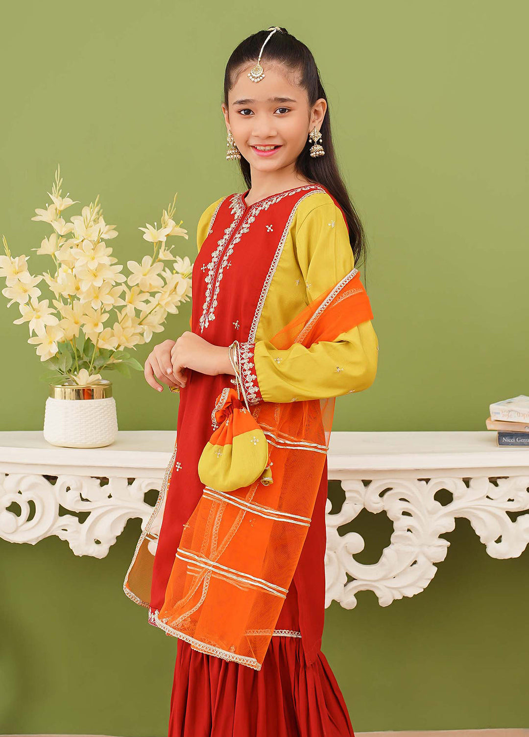 Modest Girls Pret Embroidered 3 Piece Raw Silk Orange Gharara D-02 - Festive Collection