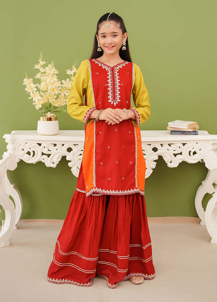 Modest Girls Pret Embroidered 3 Piece Raw Silk Orange Gharara D-02 - Festive Collection