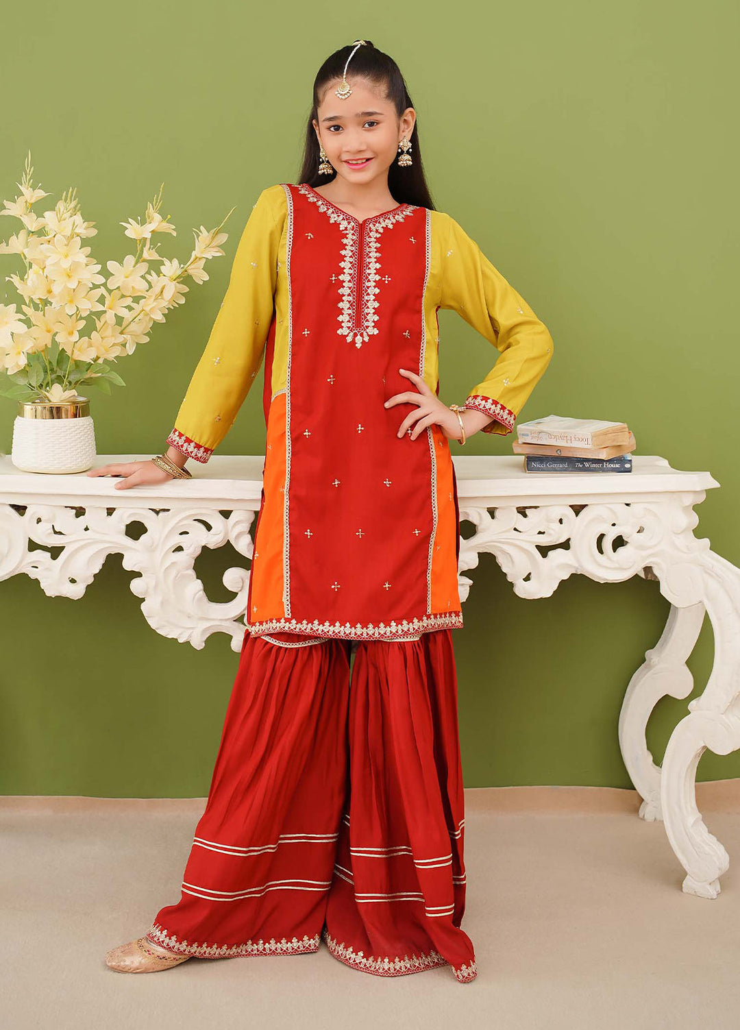 Modest Girls Pret Embroidered 3 Piece Raw Silk Orange Gharara D-02 - Festive Collection