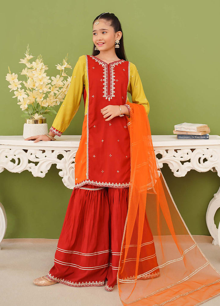 Modest Girls Pret Embroidered 3 Piece Raw Silk Orange Gharara D-02 - Festive Collection