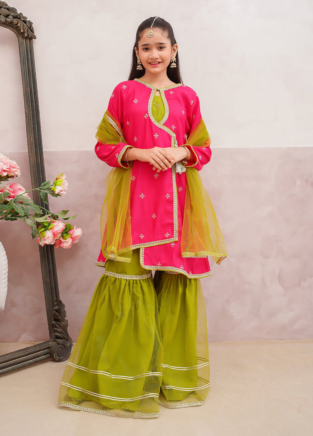 Modest Girls Pret Embroidered 3 Piece Raw Silk Pink Gharara D-04 - Festive Collection