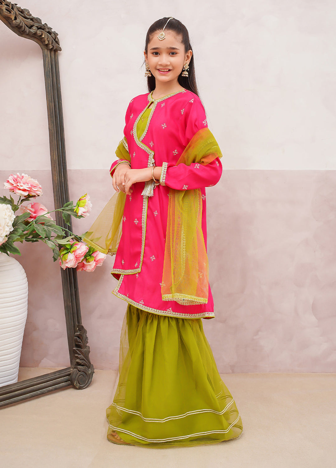 Modest Girls Pret Embroidered 3 Piece Raw Silk Pink Gharara D-04 - Festive Collection