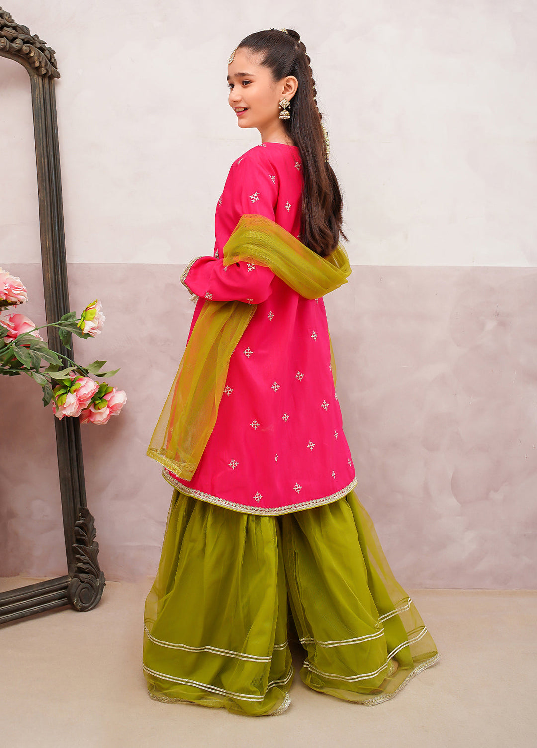 Modest Girls Pret Embroidered 3 Piece Raw Silk Pink Gharara D-04 - Festive Collection