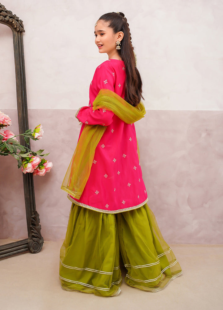 Modest Girls Pret Embroidered 3 Piece Raw Silk Pink Gharara D-04 - Festive Collection