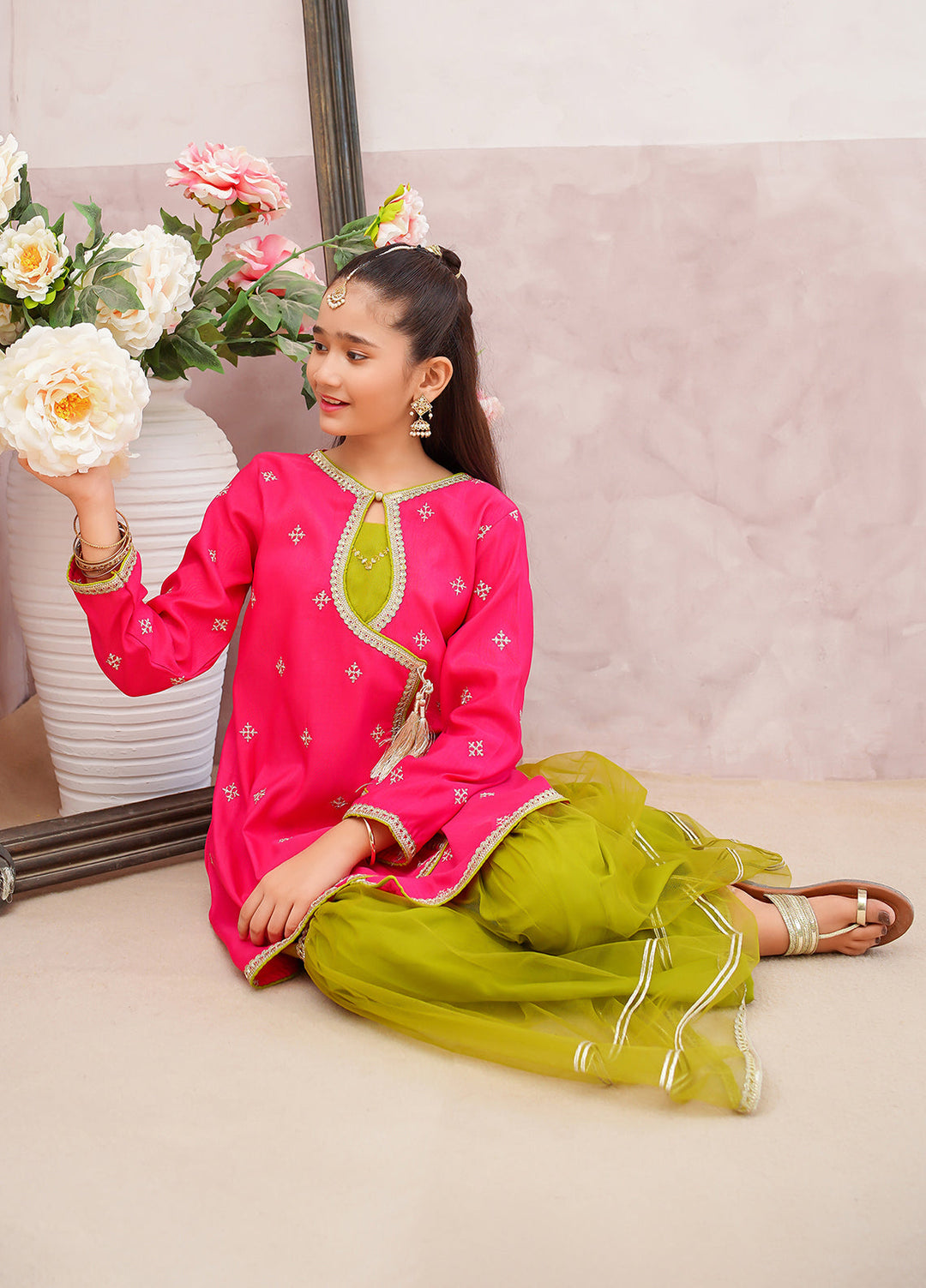 Modest Girls Pret Embroidered 3 Piece Raw Silk Pink Gharara D-04 - Festive Collection