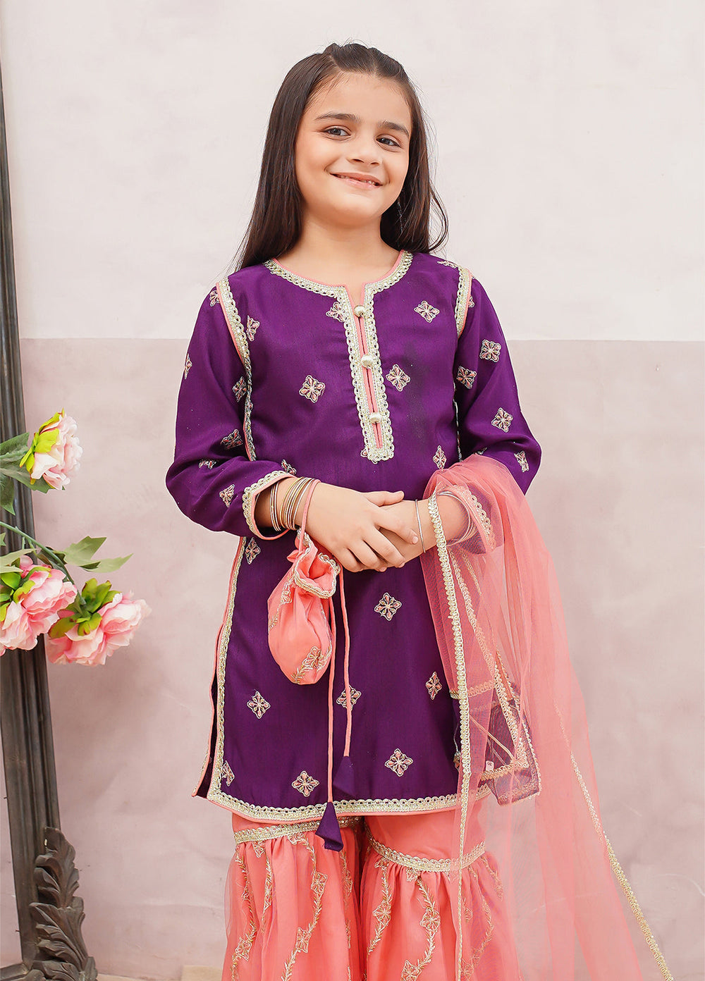 Modest Girls Pret Embroidered 3 Piece Raw Silk Purple Gharara D-03 - Festive Collection