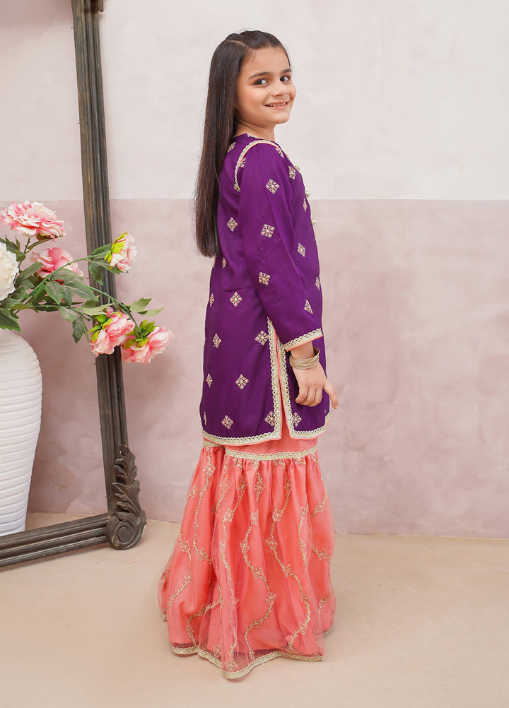 Modest Girls Pret Embroidered 3 Piece Raw Silk Purple Gharara D-03 - Festive Collection