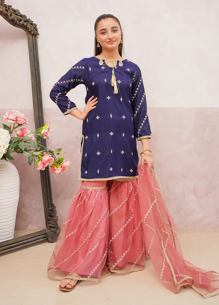 Modest Girls Pret Embroidered 3 Piece Raw Silk Blue Gharara D-12 - Festive Collection