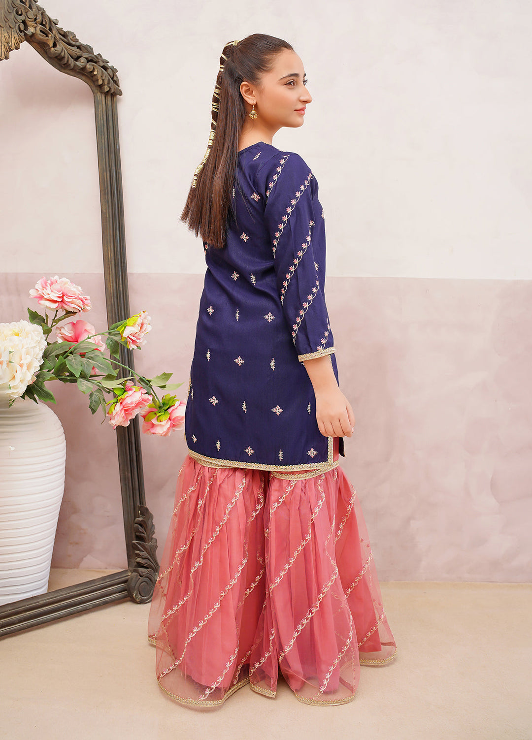 Modest Girls Pret Embroidered 3 Piece Raw Silk Blue Gharara D-12 - Festive Collection