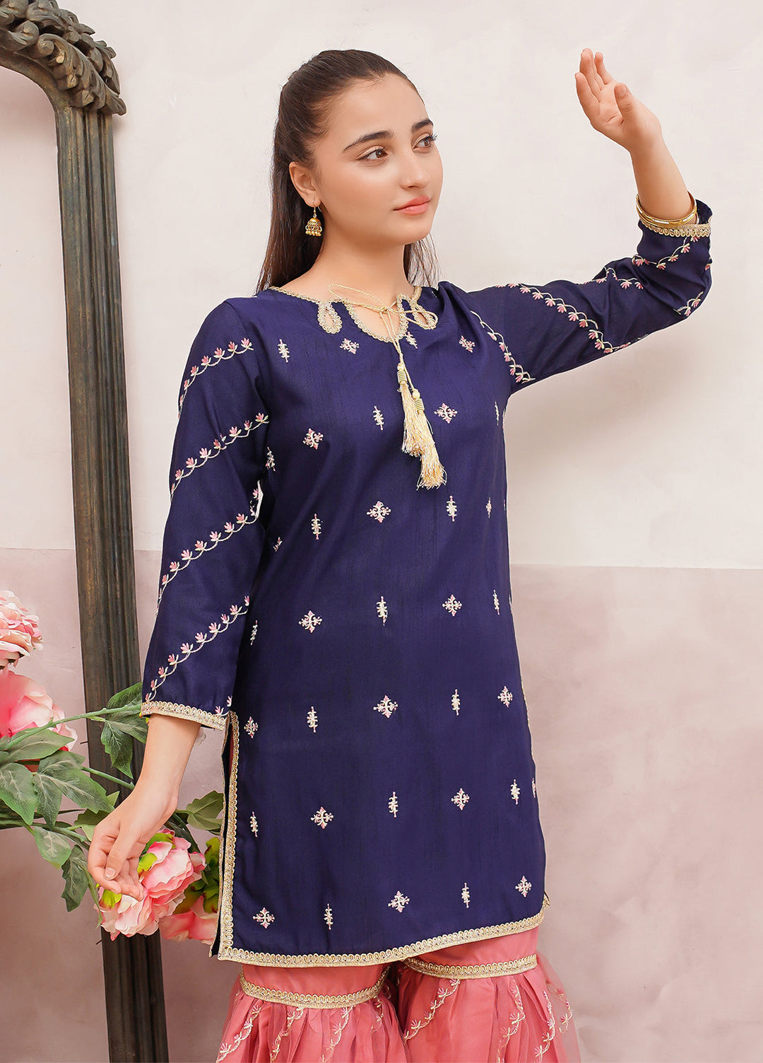 Modest Girls Pret Embroidered 3 Piece Raw Silk Blue Gharara D-12 - Festive Collection