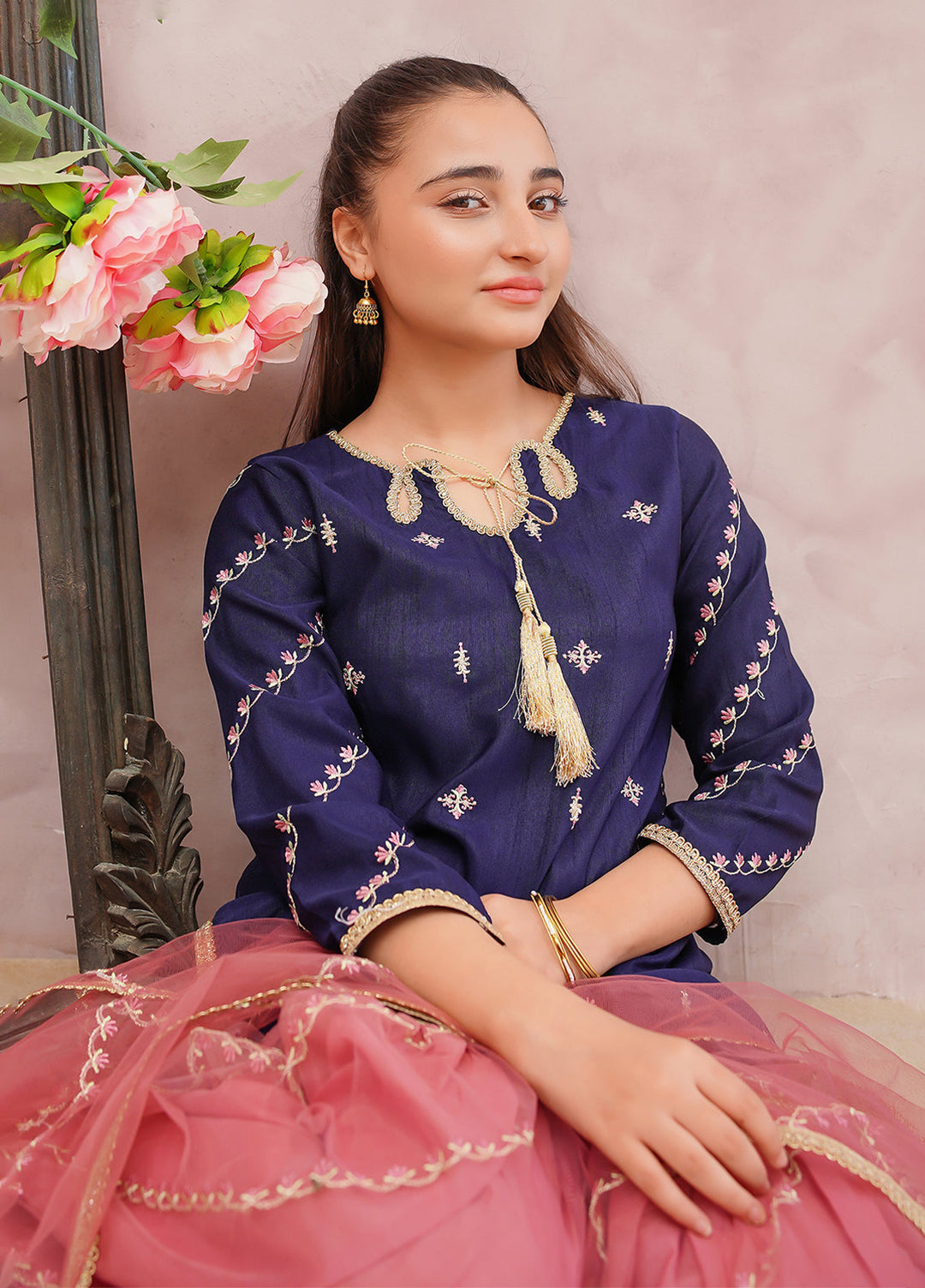 Modest Girls Pret Embroidered 3 Piece Raw Silk Blue Gharara D-12 - Festive Collection