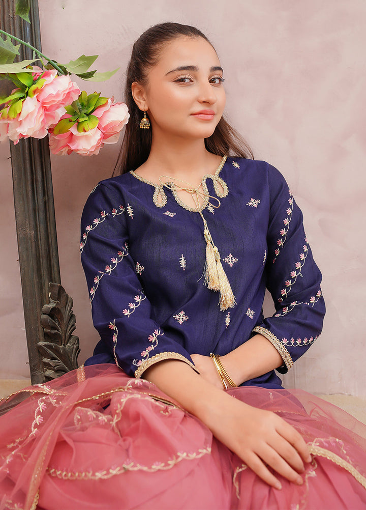 Modest Girls Pret Embroidered 3 Piece Raw Silk Blue Gharara D-12 - Festive Collection