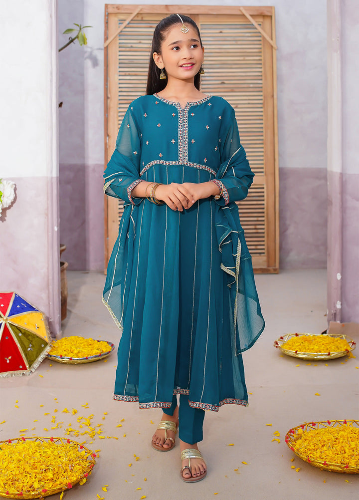 Modest Girls Pret Embroidered 3 Piece Chiffon Green Suit D-21 - Festive Collection