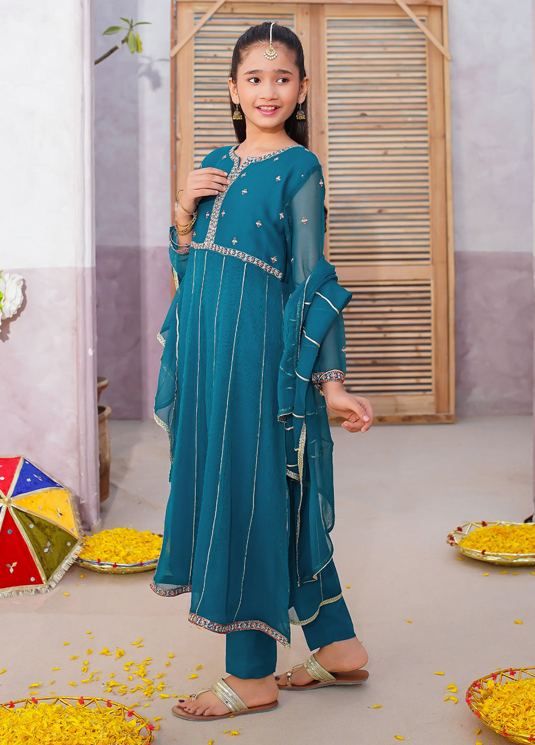 Modest Girls Pret Embroidered 3 Piece Chiffon Green Suit D-21 - Festive Collection