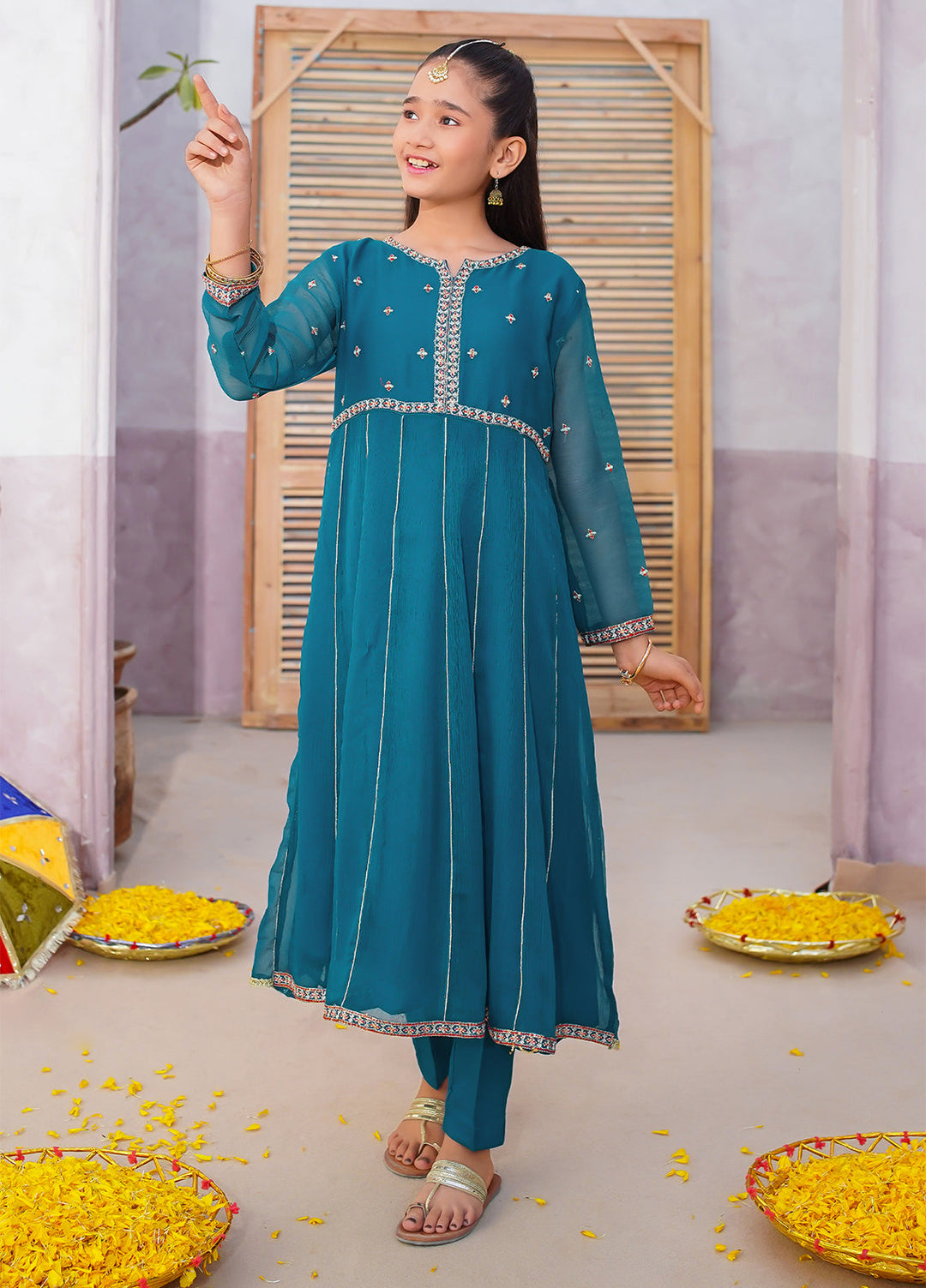 Modest Girls Pret Embroidered 3 Piece Chiffon Green Suit D-21 - Festive Collection