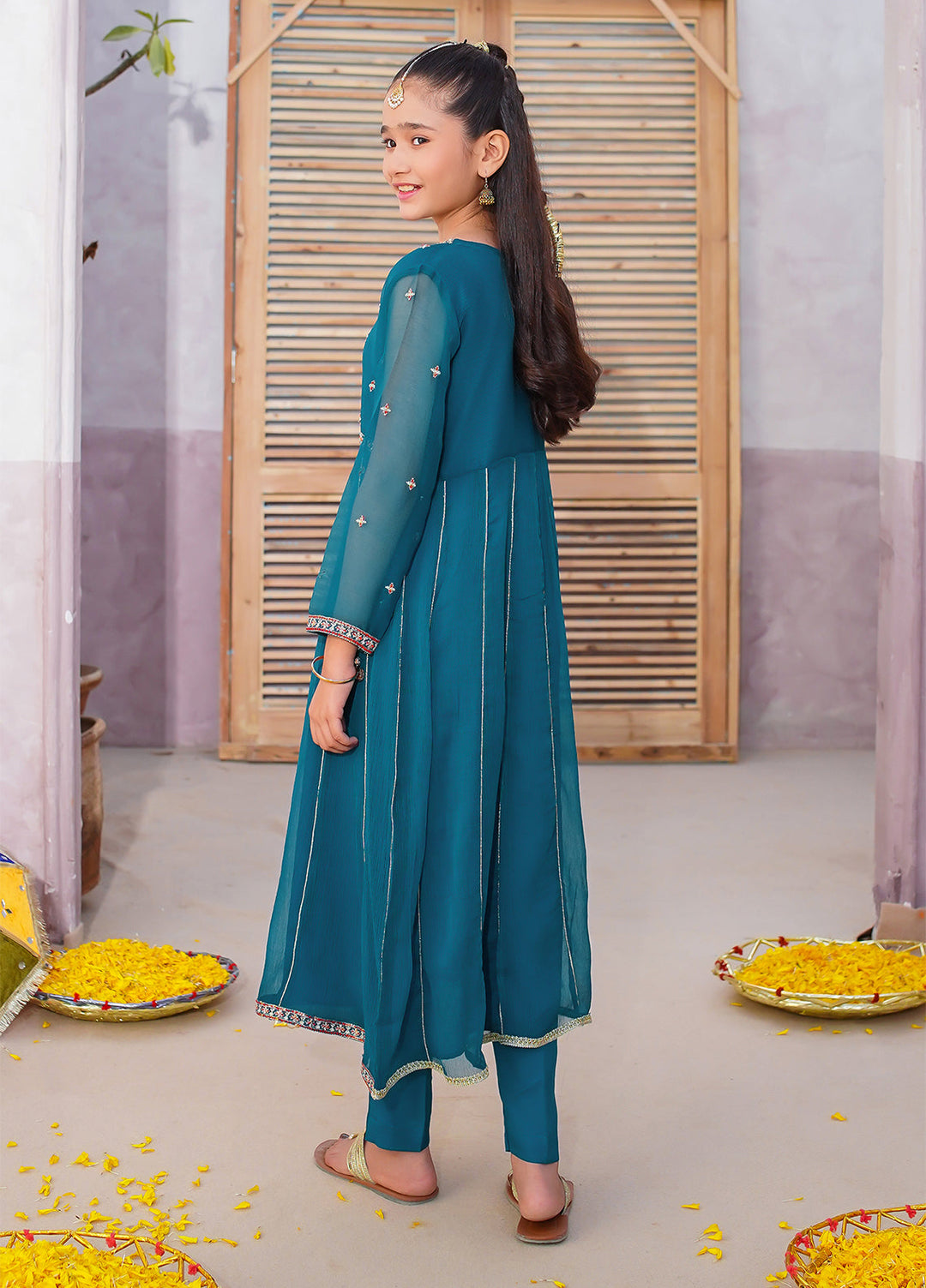 Modest Girls Pret Embroidered 3 Piece Chiffon Green Suit D-21 - Festive Collection