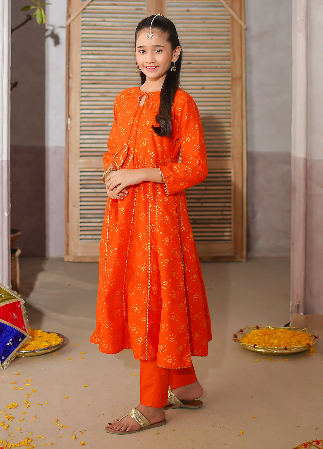 Modest Girls Pret Printed 3 Piece Cotton Orange Suit D-16 - Festive Collection