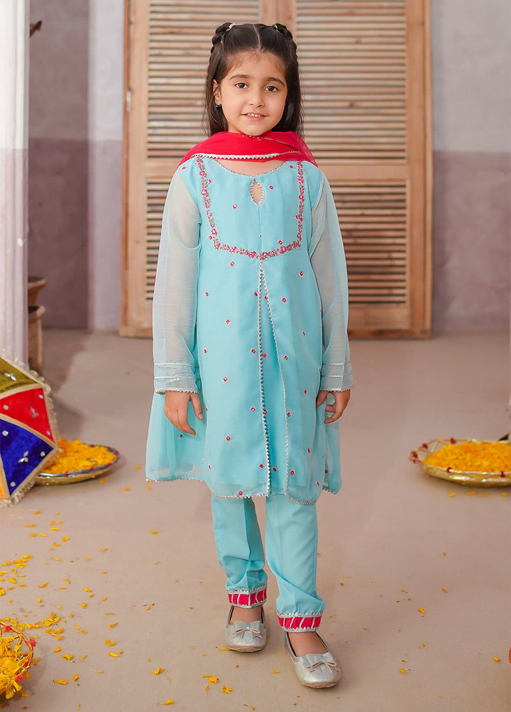 Modest Girls Pret Embroidered 3 Piece Raw Silk Blue Gharara D-09 - Festive Collection