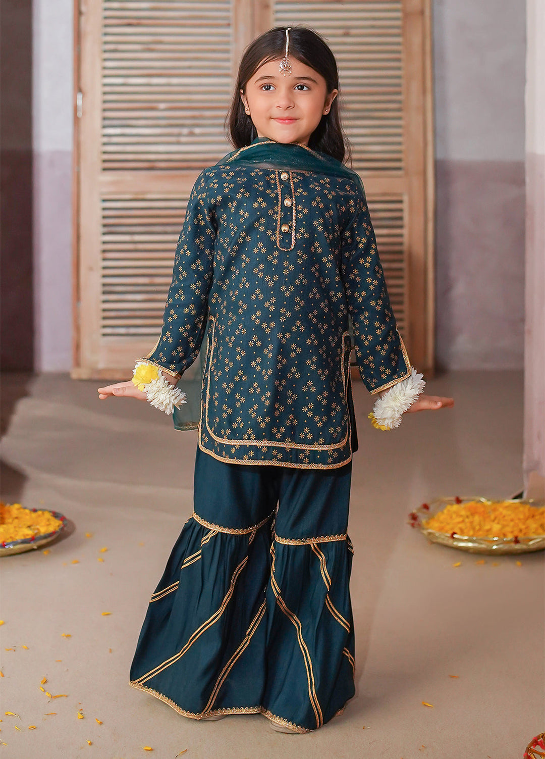 Modest Girls Pret Printed 3 Piece Raw Silk Green Gharara D-19 - Festive Collection