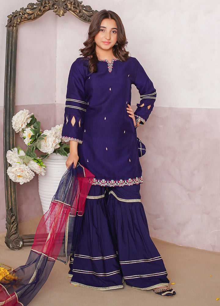 Modest Girls Pret Embroidered 3 Piece Chiffon Blue Gharara D-10 - Festive Collection