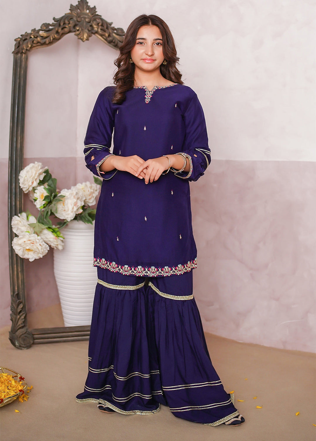 Modest Girls Pret Embroidered 3 Piece Chiffon Blue Gharara D-10 - Festive Collection