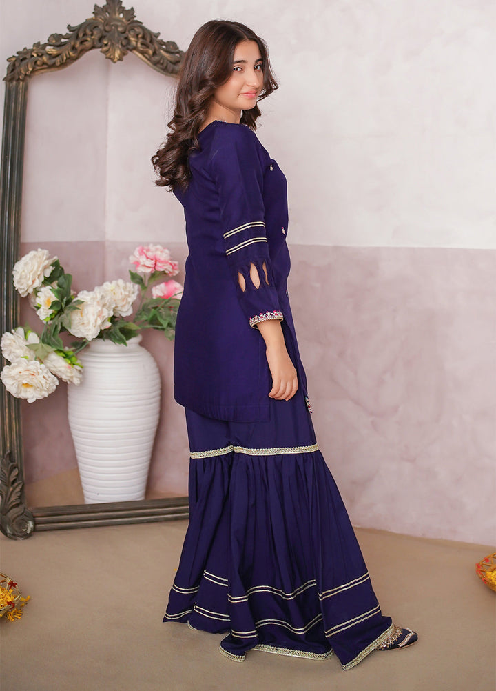 Modest Girls Pret Embroidered 3 Piece Chiffon Blue Gharara D-10 - Festive Collection