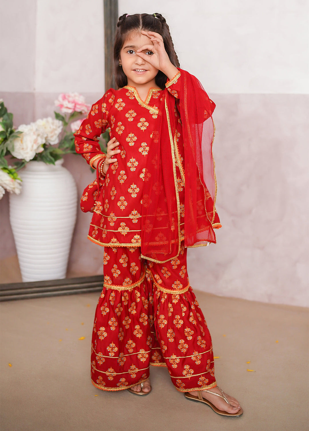Modest Girls Pret Printed 3 Piece Raw Silk Red Gharara D-13 - Festive Collection