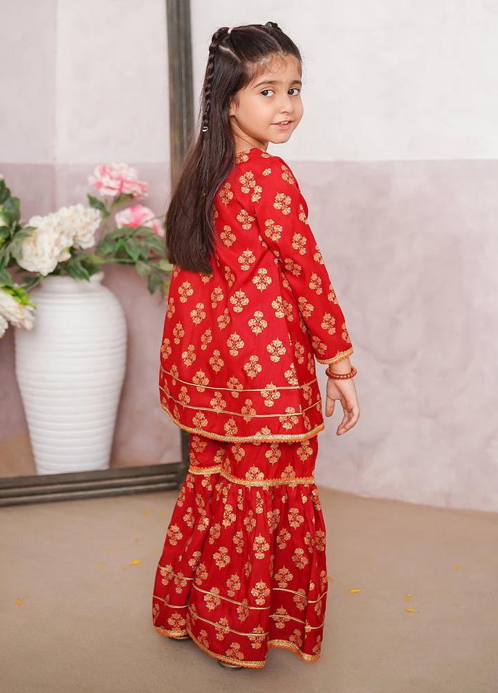 Modest Girls Pret Printed 3 Piece Raw Silk Red Gharara D-13 - Festive Collection