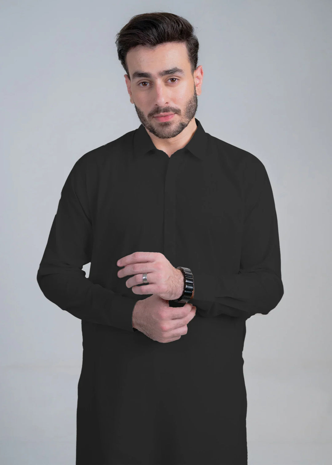 Alif by Buraq Online Mens RTW Solids Wash and Wear Kurta Shalwar Black Collared - Casual Collection