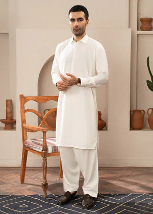 Alif by Buraq Online Mens RTW Solids Wash and Wear Kurta Shalwar White Collared - Casual Collection