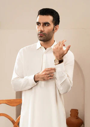 Alif by Buraq Online Mens RTW Solids Wash and Wear Kurta Shalwar White Collared - Casual Collection